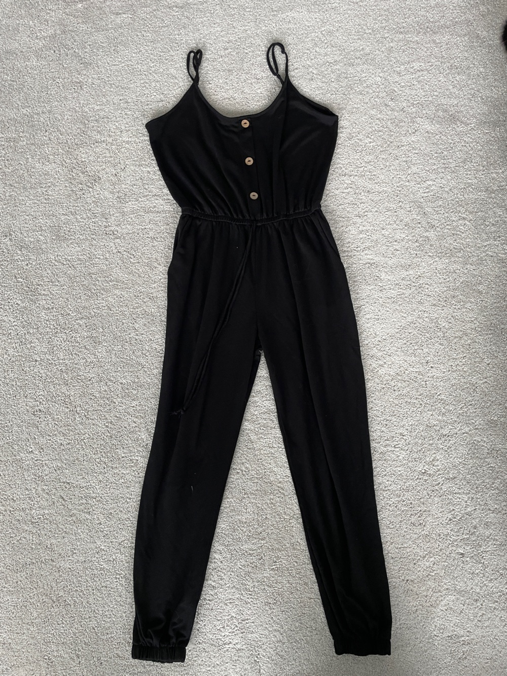 Black Spaghetti Strap Jumpsuit with Cinched Waist and Jogger Bottoms